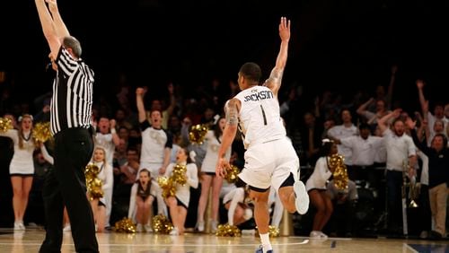 Georgia Tech’s Tadric Jackson (1) reacts after making a 3-point shot against Cal State Bakersfield in the semifinals of the NIT on Tuesday, March 28, 2017, in New York. (AP Photo/Kathy Willens)