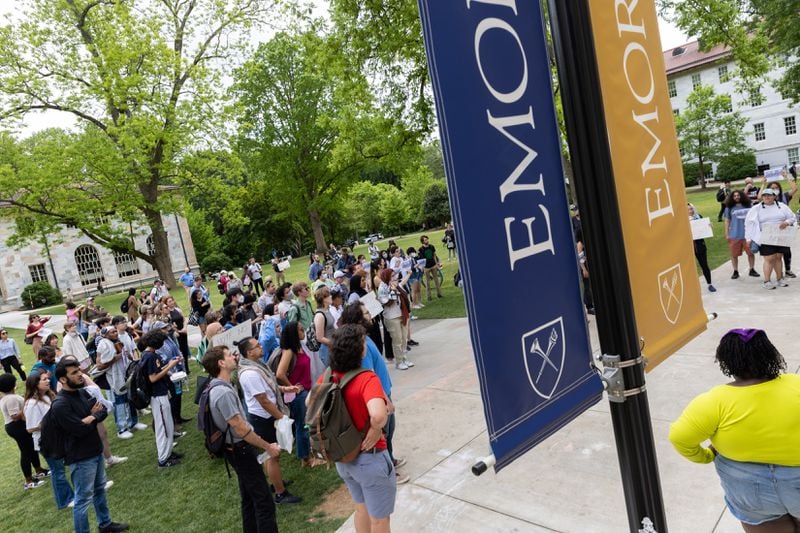 Pro-Palestinian students and supporters rally at Emory University in Atlanta on Monday, April 29, 2024, following police arresting pro-Palestinian protesters on campus the previous week. (Arvin Temkar / AJC)
