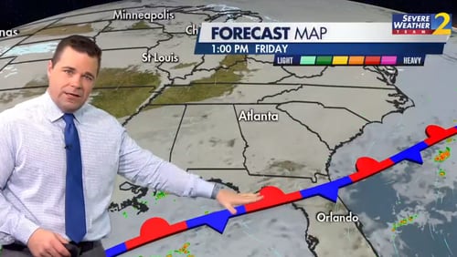 Channel 2 Action News meteorologist Brian Monahan said a cold front will keep North Georgia soggy Friday.