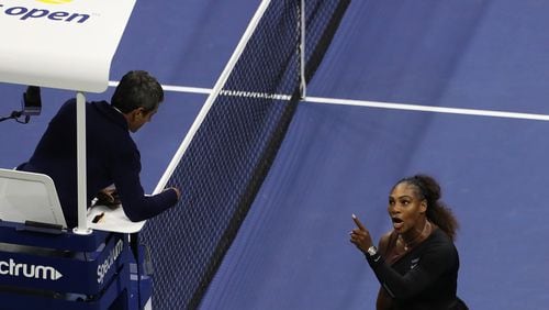 Serena Williams argues with umpire Carlos Ramos during her Women's Singles finals match against Naomi Osaka during the 2018 US Open Women's final Sept. 8, 2018, in New York.