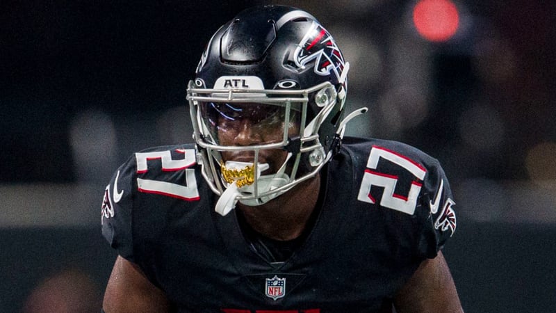 Falcons safety Richie Grant (27) lines up during the first half of an exhibition game against the Tennessee Titans, Friday, Aug. 13, 2021, in Atlanta. The Tennessee Titans won 23-3. (AP Photo/Danny Karnik)