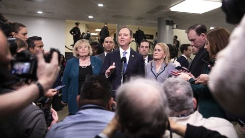 Rep. Adam Schiff (D-Calif.) and other House impeachment managers talk with reporters at the Capitol prior to resuming the Senate impeachment trial of President Donald Trump in Washington on Thursday, Jan. 30, 2020.The national news of President Trump’s impeachment has steam-rolled over every other aspect of our newscycle, and that’s not good news, the writer argues. (Calla Kessler/The New York Times)