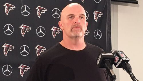 Falcons coach Dan Quinn during Monday's press conference discussing Vic Beasley's injury. He said he's "week to week" while reports are that he's out for a month. (By D. Orlando Ledbetter/dledbetter@ajc.com)