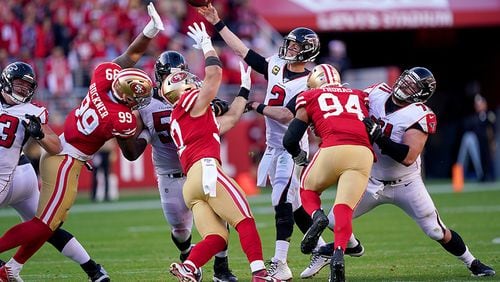 Falcons quarterback Matt Ryan delivers a pass against the defense of the San Francisco 49ers Sunday, Dec. 15, 2019, at Levi's Stadium in Santa Clara, Calif.