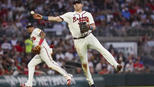 Atlanta Braves third base Austin Riley (27) throws to first base to get out Boston Red Sox first baseman Romy Gonzalez (not pictured) during the fourth inning at Truist Park, Wednesday, May 8, 2024, in Atlanta. Braves won 5-0. (Jason Getz / AJC)

