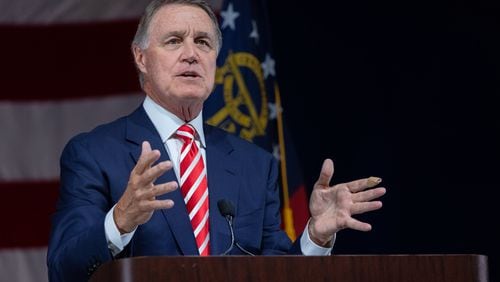 Former Senator David Perdue (R-GA) speaks at the Georgia GOP State Convention in Jekyll Island, Georgia on June 5th, 2021. Nathan Posner for the Atlanta-Journal-Constitution