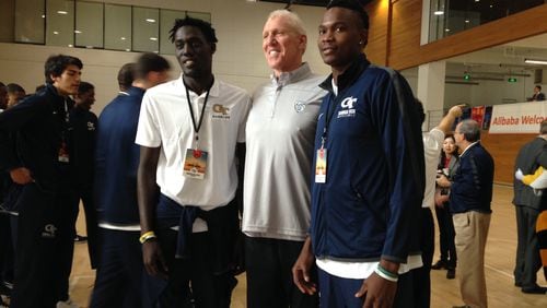 Hall of famer Bill Walton (center) poses for a picture with Georgia Tech forwards Abdoulaye Gueye (left) and Sylvester Ogbonda (right) at Alibaba headquarters in Hangzhou, China.