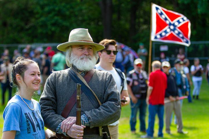 Thomas Fleming poses for photographs before the start of the Sons of Confederate Veterans rally to mark Confederate Memorial Day at Stone Mountain Park on Saturday, April 30, 2022. (Photo: Steve Schaefer / steve.schaefer@ajc.com)