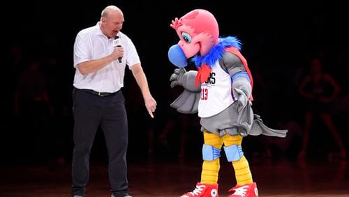 Los Angeles Clippers owner Steve Ballmer introduces their new mascot, a California Condor named Chuck, during halftime of an NBA basketball game between the Clippers and the Brooklyn Nets, Monday, Feb. 29, 2016, in Los Angeles. (AP Photo/Mark J. Terrill)