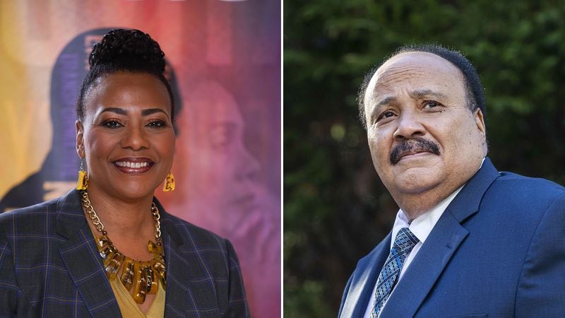 Bernice King and Martin Luther King III reflect on their mother Coretta Scott King. (Left: Courtesy of the King Center; Right: Alyssa Pointer / alyssa.pointer@ajc.com)