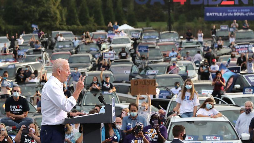 Democratic presidential candidate Joe Biden speaks at a drive-in rally event during his visit to Georgia at the amphitheatre at Lakewood on Tuesday, Oct. 27, 2020 in Atlanta, Georgia. (Curtis Compton/Atlanta Journal-Constitution/TNS)