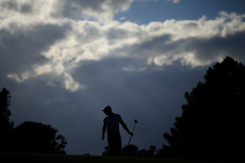 Rory McIlroy, of Northern Ireland, reacts after missing a putt on the 17th hole during the first round at the Masters golf tournament at Augusta National Golf Club Thursday, April 11, 2024, in Augusta, Ga. (AP Photo/Matt Slocum)
