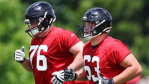 Atlanta Falcons first round picks offensive lineman Chris Lindstrom (right) and offensive tackle Kaleb McGary (left) get in some work during rookie minicamp on Friday, May 10, 2019, in Flowery Branch.