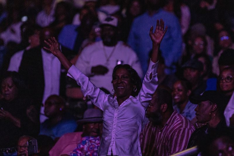 Fans, many wearing white, celebrate with Frankie Beverly & Maze during their final Atlanta show on their farewell tour at State Farm Arena on Friday, March 22, 2024. (Kymani Culmer for the Atlanta Journal-Constitution)