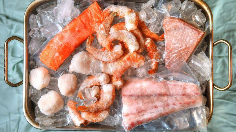You can find seafood in metro Atlanta, including (clockwise starting from top left) salmon fillets, Gulf shrimp, tuna steaks, barramundi fillets and sea scallops. STYLING BY SUSAN PUCKETT / CONTRIBUTED BY CHRIS HUNT PHOTOGRAPHY