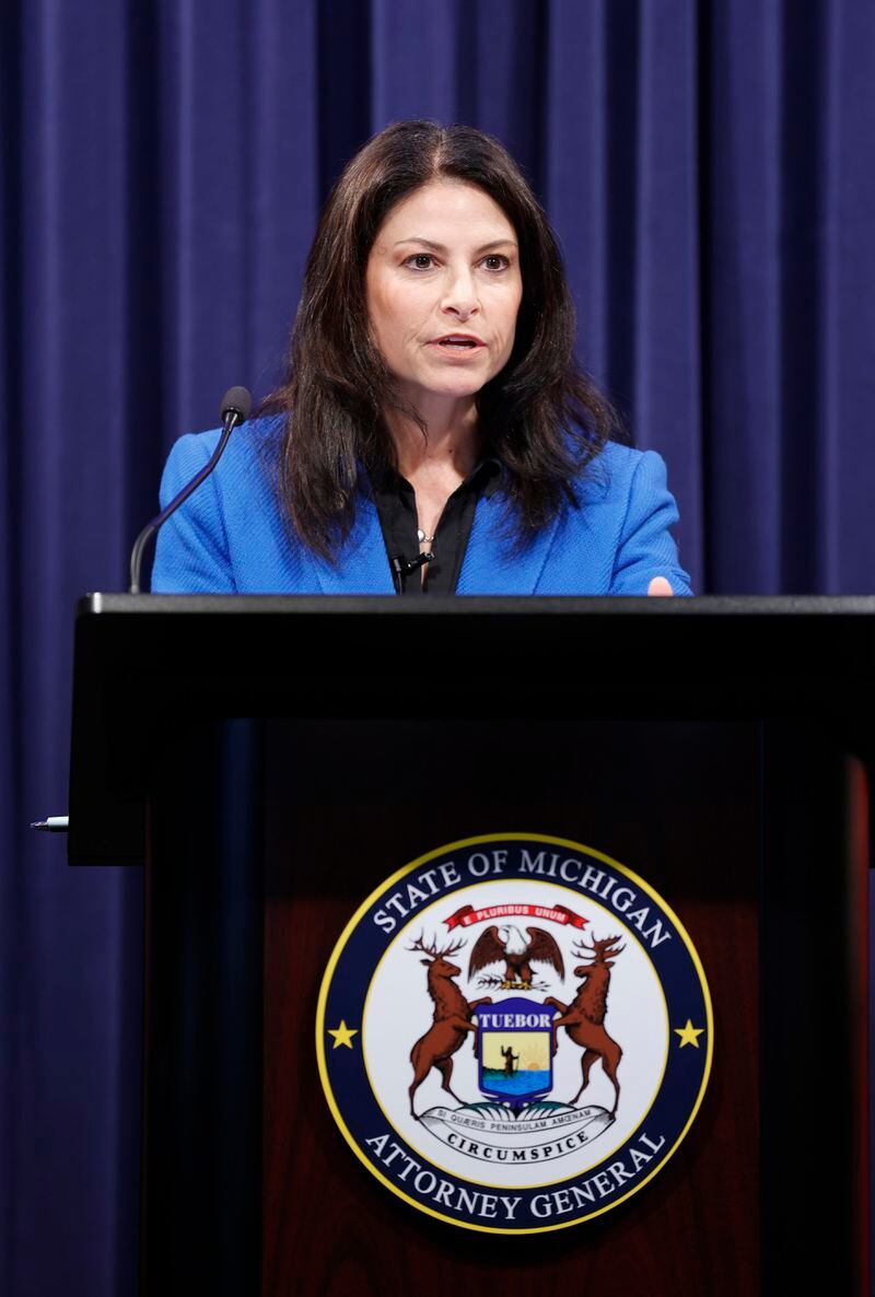 Michigan Attorney General Dana Nessel talks about charging former House Speaker Lee Chatfield, Tuesday, April 16, 2024, in Lansing, Mich. Prosecutors charged Chatfield and his wife with financial crimes Tuesday, alleging they milked political accounts for personal travel, housing and other benefits while the Republican lawmaker was raising millions of dollars from his powerful post. (Al Goldis/Detroit News via AP)