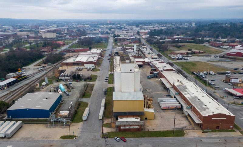 Aerial photography shows the Campbell Soup plant (formerly Tom's Foods and Lance Foods) in Columbus on Friday, Feb. 26, 2021. Campbell Soup Co. announced plans to close its Columbus manufacturing facility by spring 2022. The plant produces candy, crackers, cookies, nuts and bars. (Hyosub Shin / Hyosub.Shin@ajc.com)