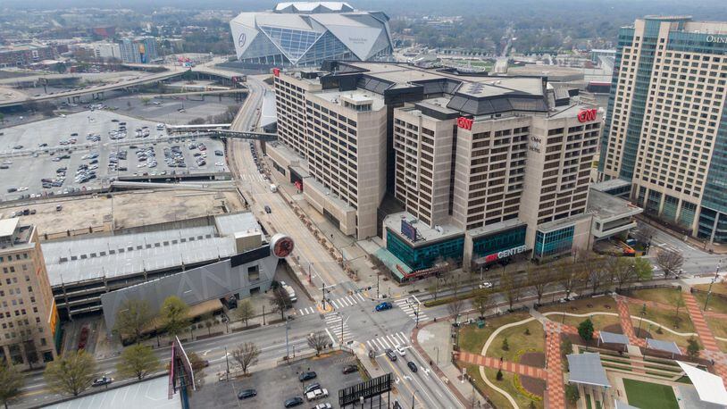 Aerial view shows nearly empty downtown Atlanta on Wednesday, March 18, 2020. (Hyosub Shin / Hyosub.Shin@ajc.com)