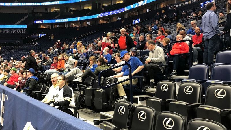 The scene at Bridgestone Arena in Nashville, with few spectators on hand one hour before Georgia and Ole Miss were to tip off to begin the 2020 SEC men's basketball tournament. (Photo by Chip Towers/AJC)