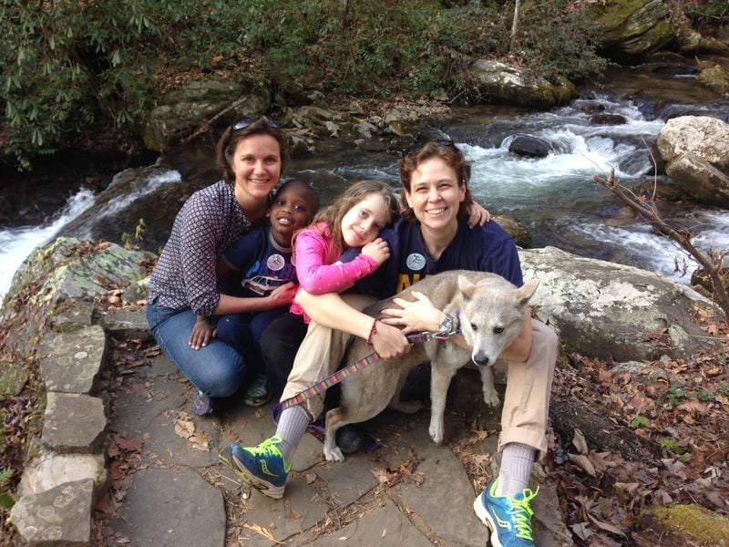 Caroline Peacock, Lauren Marcewicz, their children and their dog Cleo at teh Chattahoochee National Forest in September 2016. Peacock says she opposes Senate Bill 375, which would allow faith-based adoption agencies to refuse to do business with same-sex couples. Photo credit: Caroline Peacock