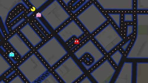 You can now play Pac-Man on Atlanta's streets, courtesy of a Google Maps prank for April Fool's Day. Here, Pac-Man races down Luckie Street with Pinky on his tail. Blinky appears to be stuck in a Fairlie Street parking lot.