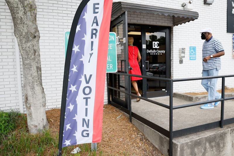 The three-week early voting period in Georgia begins today. Above, people walk through the entrance at an early voting site in Dekalb County on June 13, 2022. (Miguel Martinez /The Atlanta Journal-Constitution / TNS)