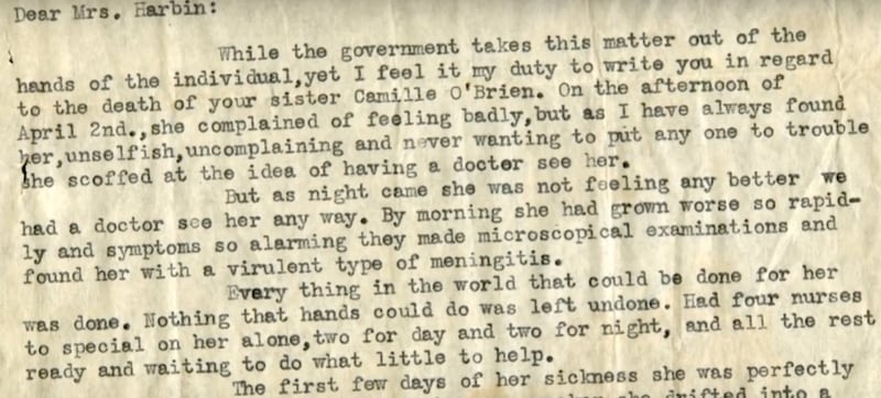 Screenshot of the letter to O'Brien's sister from chief nurse Caroline Dantzler following her death