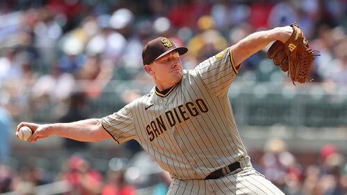 Former Atlanta Braves closer Mark Melancon finishes off the win for the Padres in the 7th inning to secure the 3-2 victory.   Curtis Compton / Curtis.Compton@ajc.com