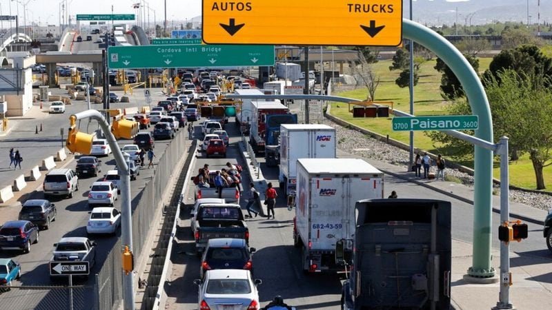 Cars and trucks line up to enter Mexico from the U.S. at a border crossing in El Paso, Texas, Friday, March 29, 2019. Threatening drastic action against Mexico, President Donald Trump declared on Friday he is likely to shut down America's southern border next week unless Mexican authorities immediately halt all illegal immigration. Such a severe move could hit the economies of both countries, but the president emphasized, "I am not kidding around." 