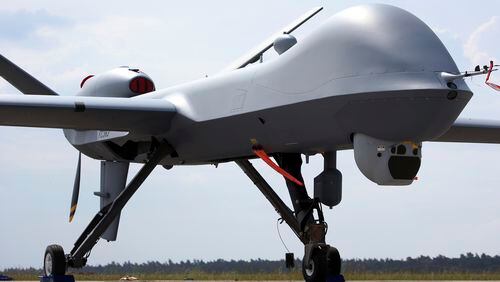 An MQ9 Predator drone is displayed at the Berlin Air Show ILA in Berlin, Germany, on May 30, 2016. China on Thursday, April 11, 2024 announced sanctions against two U.S. defense companies, one of which produces the Predator drone, over what it says is their support for arms sales to Taiwan, the self-governing island democracy Beijing claims as its own territory to be recovered by force if necessary. (AP Photo/Michael Sohn, File)
