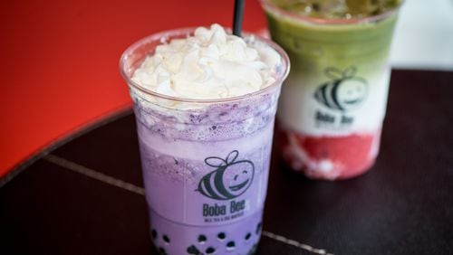 Boba Bee Blue Berry Fluffy Milk (with real blueberries and organic milk) and Strawberry Matcha Latte. Photo credit- Mia Yakel.