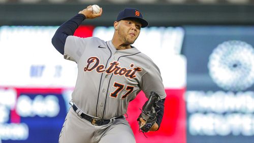 Detroit Tigers pitcher Joe Jimenez throws during a baseball game against the Minnesota Twins Monday, May 23, 2022, in Minneapolis. (AP Photo/Andy Clayton-King)