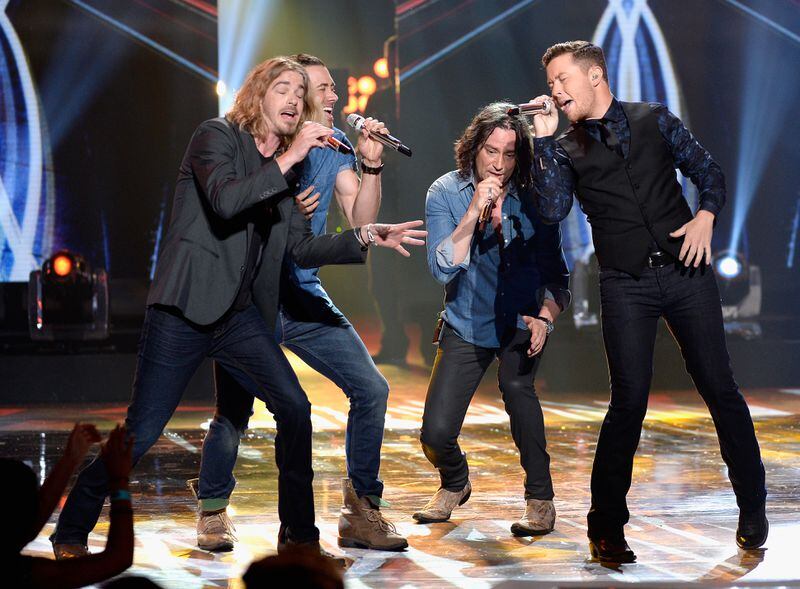 HOLLYWOOD, CALIFORNIA - APRIL 07: (L-R) Recording artists Bucky Covington, Ace Young, Constantine Maroulis and Scotty McCreery perform onstage during FOX's "American Idol" Finale For The Farewell Season at Dolby Theatre on April 7, 2016 in Hollywood, California. at Dolby Theatre on April 7, 2016 in Hollywood, California. (Photo by Kevork Djansezian/Getty Images)
