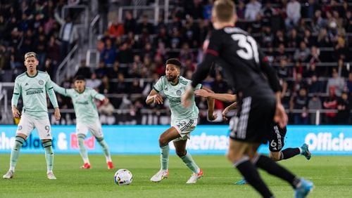 Atlanta United defender George Campbell #32 runs with the ball during the match against D.C. United at Audi Field in Washington, United States on Saturday April 2, 2022. (Photo by Mitchell Martin/Atlanta United)
