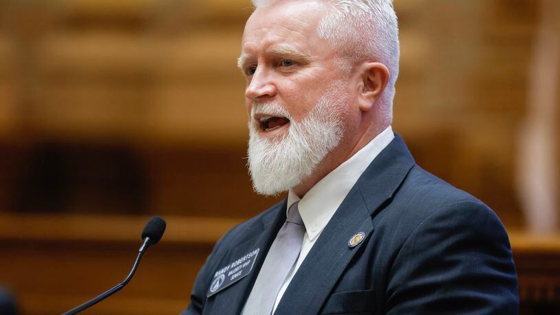 Sen. Randy Robertson (R-29) talks about the bill that would increase penalties for pimping and pandering on Tuesday, February 7, 2023. (Natrice Miller/ Natrice.miller@ajc.com)