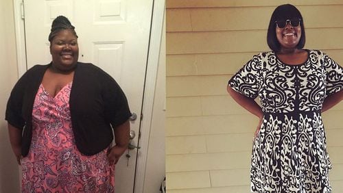 Amber Middlebrooks weighed 565 pounds when the photo on the left was taken in July 2014. In the photo on the right, taken earlier this month, Middlebrooks’ weight was 265 pounds. (photos contributed by Amber Middlebrooks).