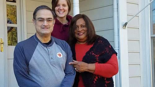First time Georgia voter, Carlos Lanzas (52), shown with Diane Lynch (right), mentor and host home provider, Georgia MENTOR and Joanne Chapman, Direct Support Professional, Georgia MENTOR.
