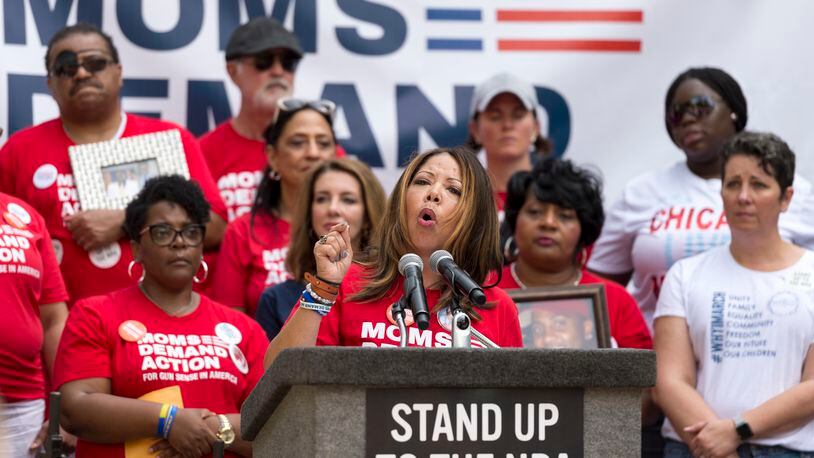 Lucy McBath, then a spokesperson for Moms Demand Action for Gun Sense in America, speaks during a rally in Atlanta on April 29, 2017. (DAVID BARNES / DAVID.BARNES@AJC.COM)