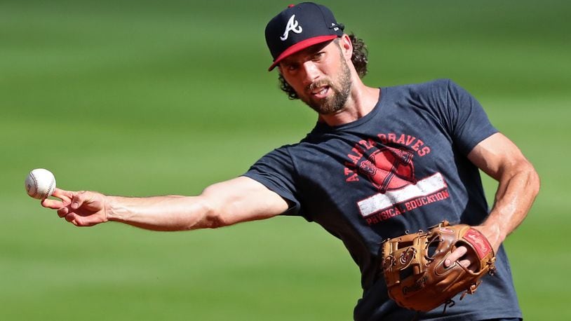 Braves infielder Charlie Culberson works second base during batting practice as the team prepares to play an intrasquad game Monday July 13, 2020, at Truist Park in Atlanta.
