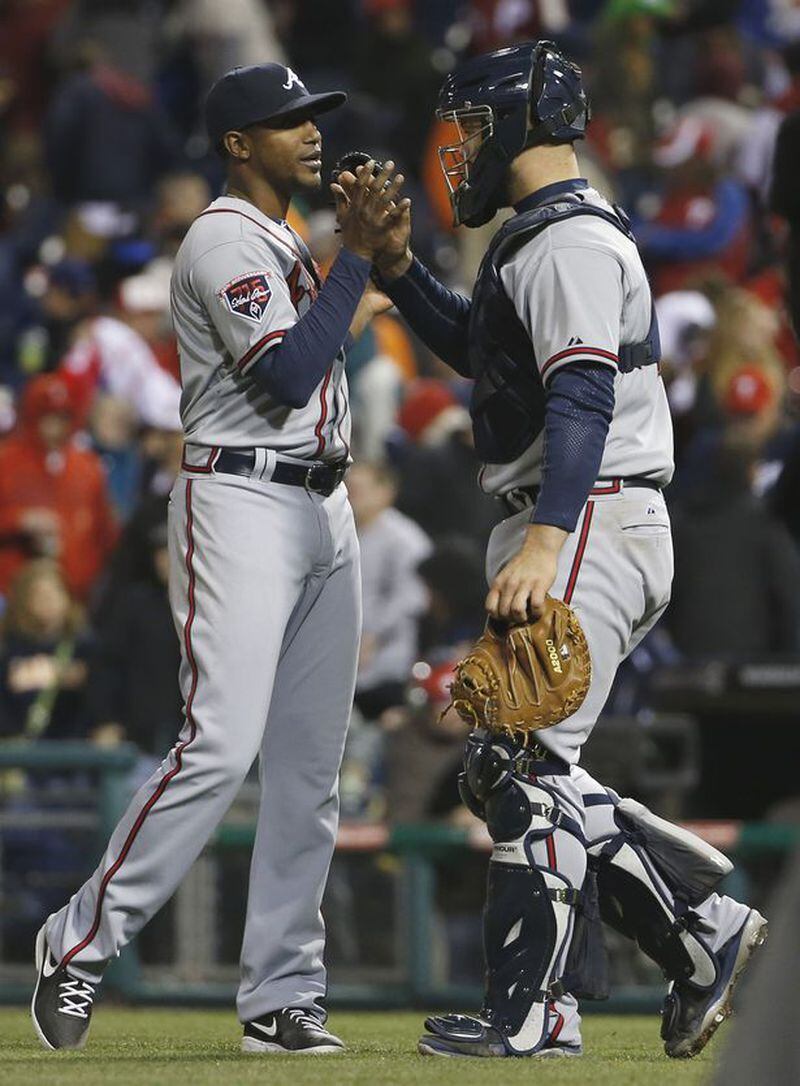 Julio Teheran and Evan Gattis after Teheran pitched a shutout Wednesday at Philly. (AP Photo)