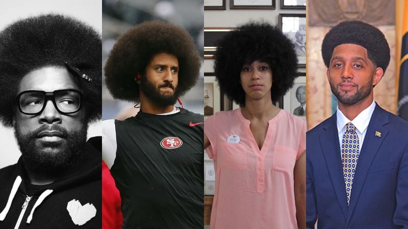 Afros continue to make a statement: The Roots' drummer Questlove; former NFL quarterback Colin Kaepernick; Athens-Clarke County Commissioner Mariah Parker; and Baltimore Mayor Brandon M. Scott. (Handout; AP file; Raphaëla Alemán; City of Baltimore)