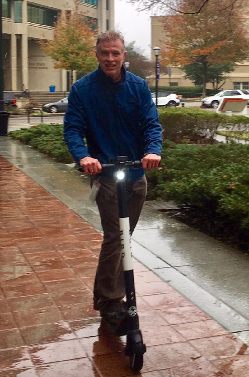 Atlanta Journal-Constitution columnist Bill Torpy tries his hand at an electric scooter to learn what all the excitement is about. 