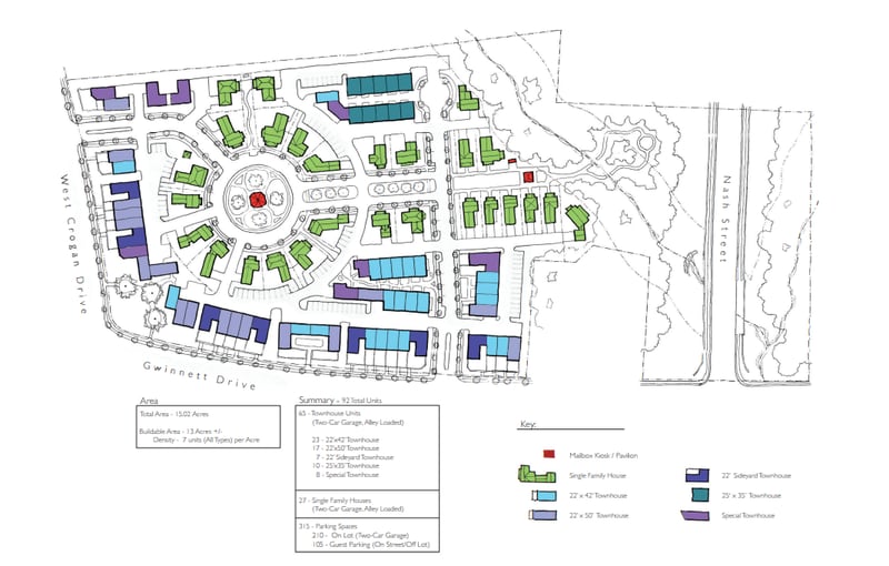 A site plan for the Central Block project. Atlanta-based Southeast Capital Land wants to place 92 single-family homes and townhomes at the corner of West Crogan Street and Gwinnett Drive. (Courtesy City of Lawrenceville)