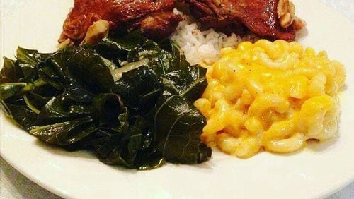 Adobo Chicken with mac n cheese and collards./ Photo: Janet's Kitchen