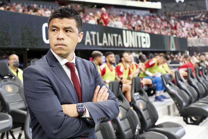 Atlanta United manager Gonzalo Pineda watches his team come out of the tunnel before the game against Orlando on Sunday at Mercedes-Benz Stadium. (Miguel Martinez /Miguel.martinezjimenez@ajc.com) 