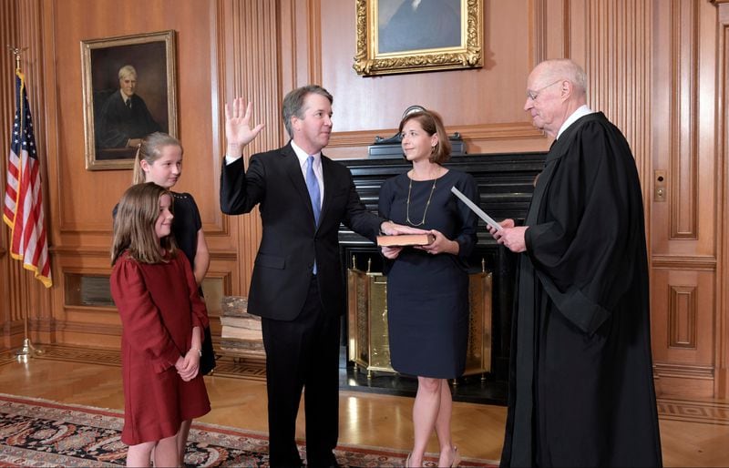 Retired Supreme Court Justice Anthony Kennedy swears in his replacement, Brett Kavanaugh, following a blistering confirmation battle.