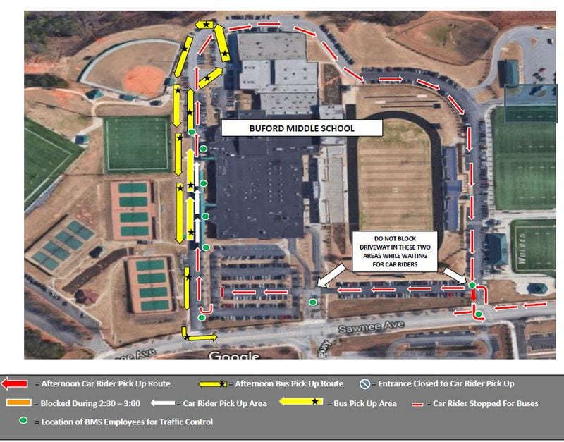 Buford Middle School parents are asked to follow the specific guidelines for picking up students in the afternoon. COURTESY OF BUFORD CITY SCHOOLS