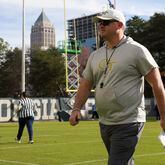 Georgia Tech coach Brent Key walks off of the Rose Bowl Field during their first day of spring football practice, Monday, March 11, 2024, in Atlanta. (Jason Getz / jason.getz@ajc.com)
