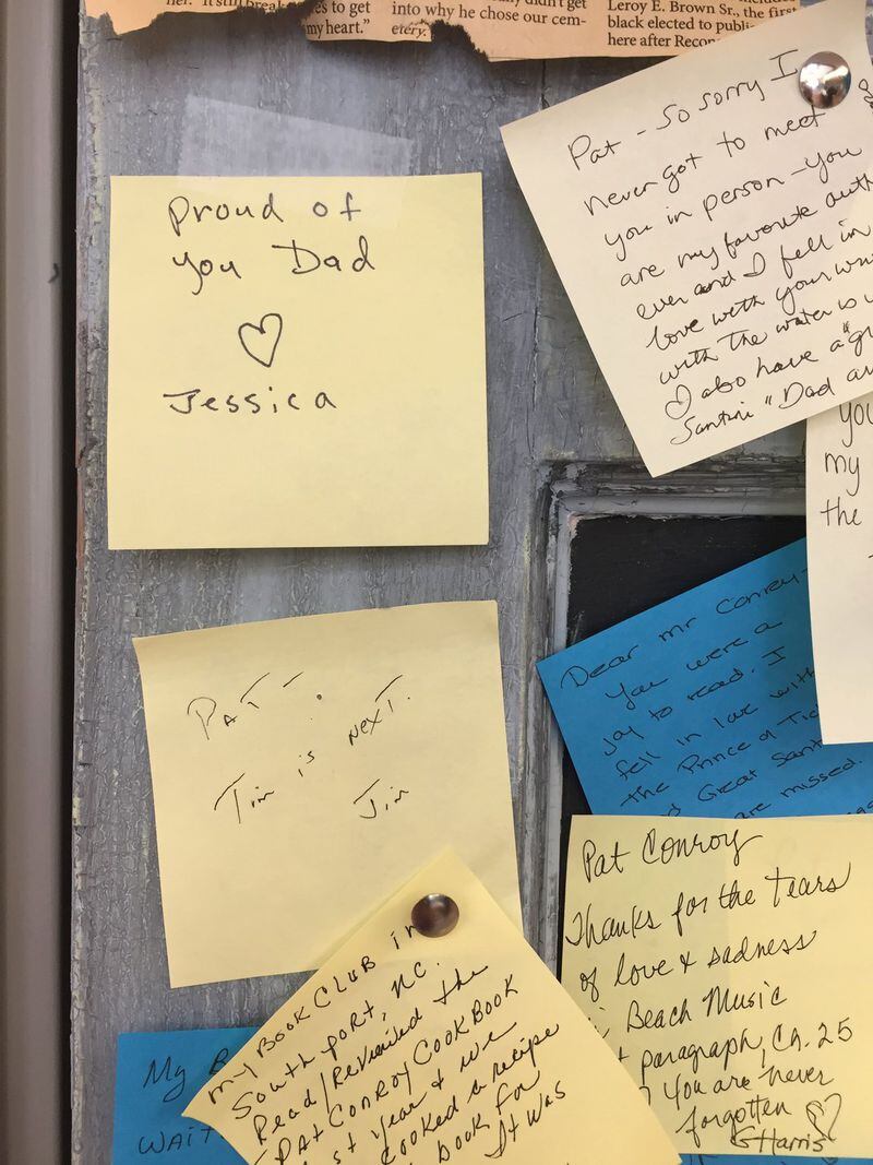 Post-it notes containing visitors’ expressions of gratitude to the author, including one from Pat Conroy’s daughter Jessica, are displayed at the Pat Conroy Literary Center. CONTRIBUTED BY SUZANNE VAN ATTEN