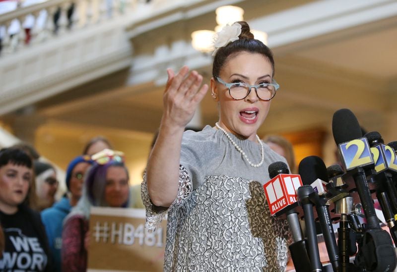 4/2/19 - Atlanta-   Alyssa Milano speaks at a presser against HB 481, the heartbeat bill, and how that has the potential to affect the film industry in Georgia at the Georgia State Capitol in Atlanta, Georgia on Tuesday, April 2, 2019.  Today is sine die day, the final day of the 2019 legislature. EMILY HANEY / emily.haney@ajc.com